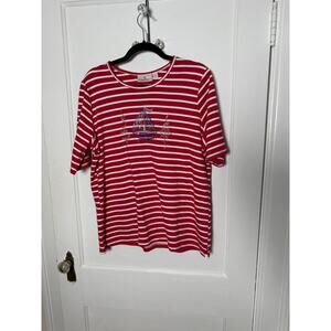 Quacker Factory Red Striped Short Sleeve Sailboat Embellished Sparkle T-shirt L